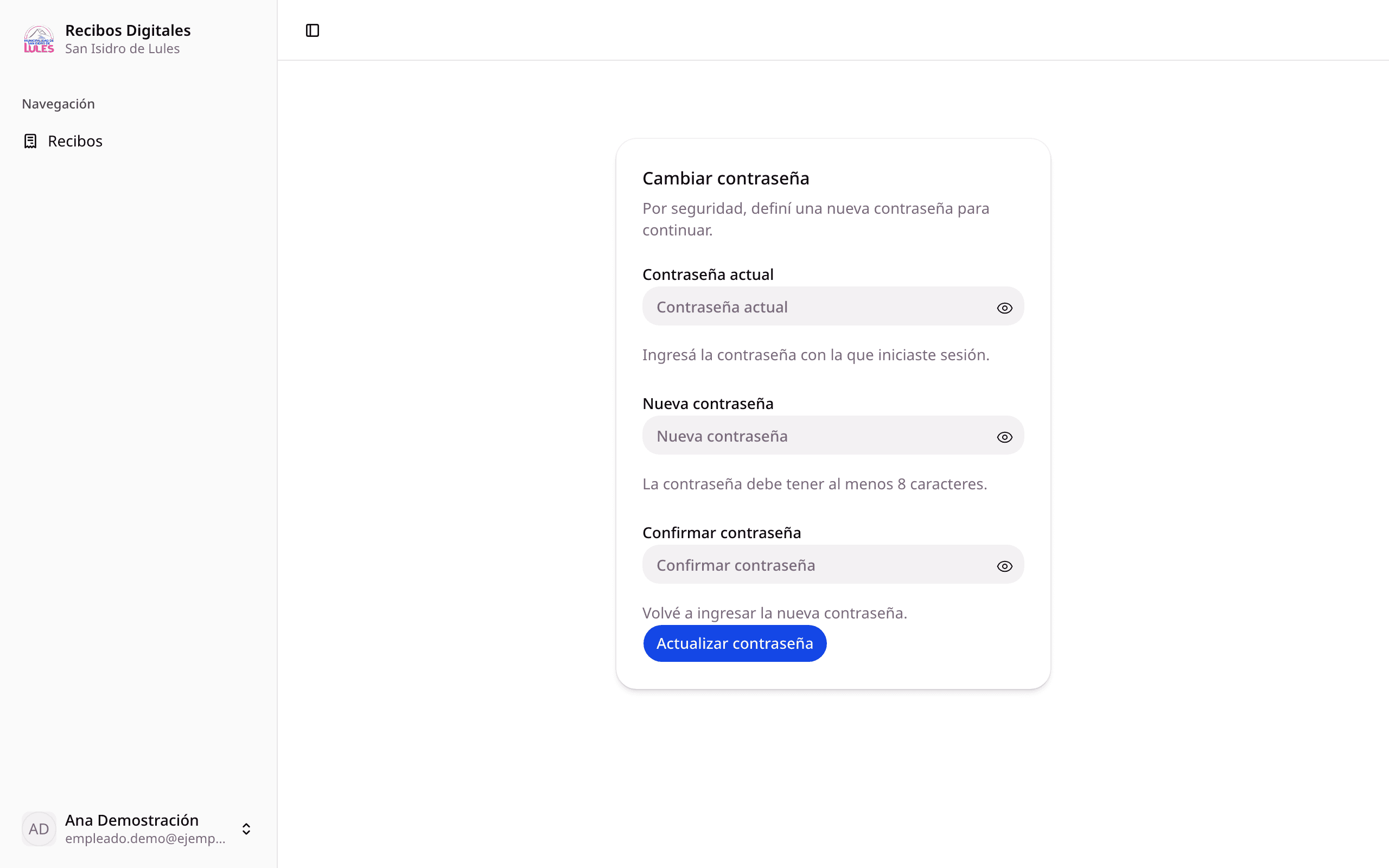 Formulario para cambiar la contraseña, con contraseña actual, nueva y confirmación