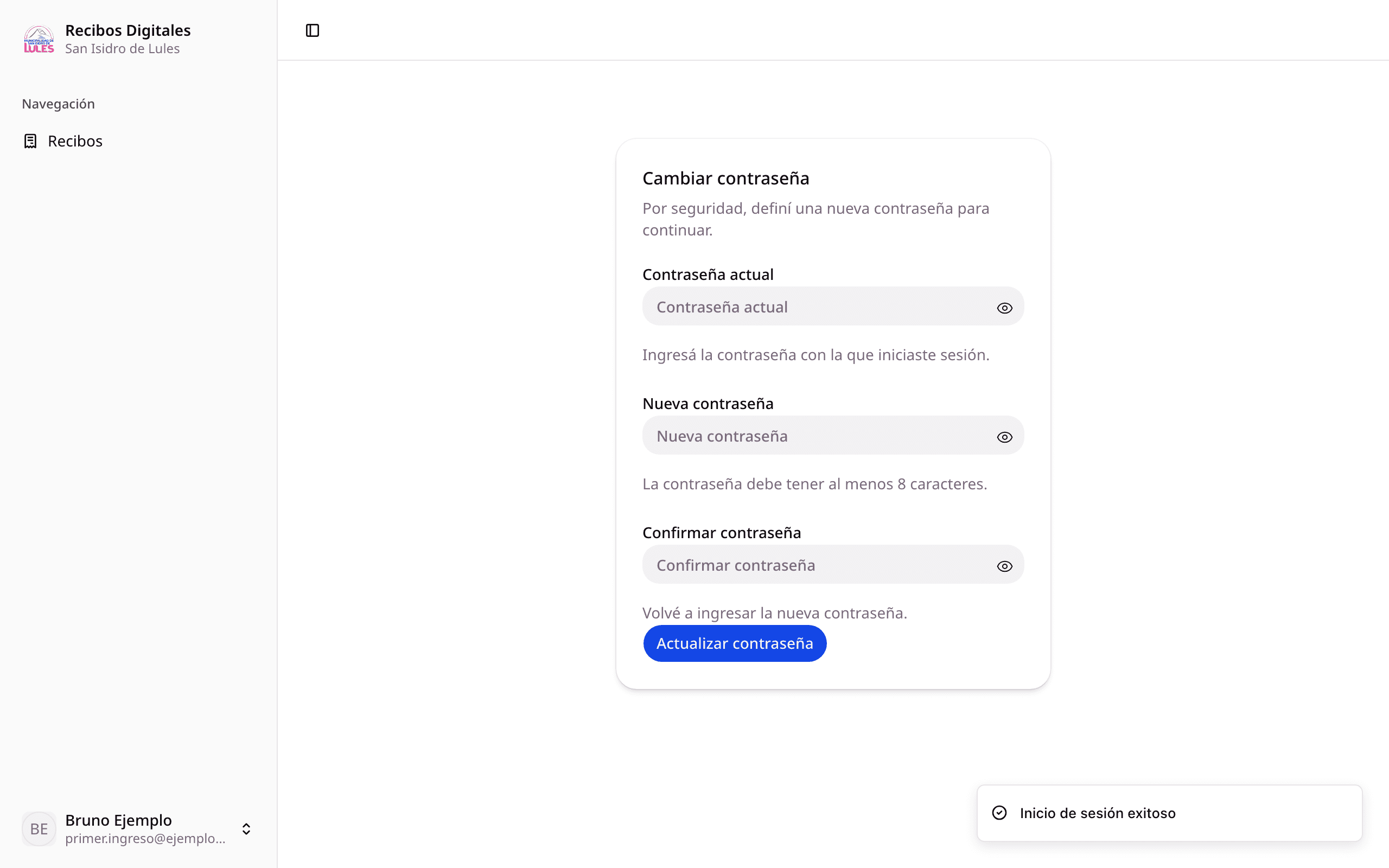 Formulario de cambio de contraseña obligatorio en el primer ingreso