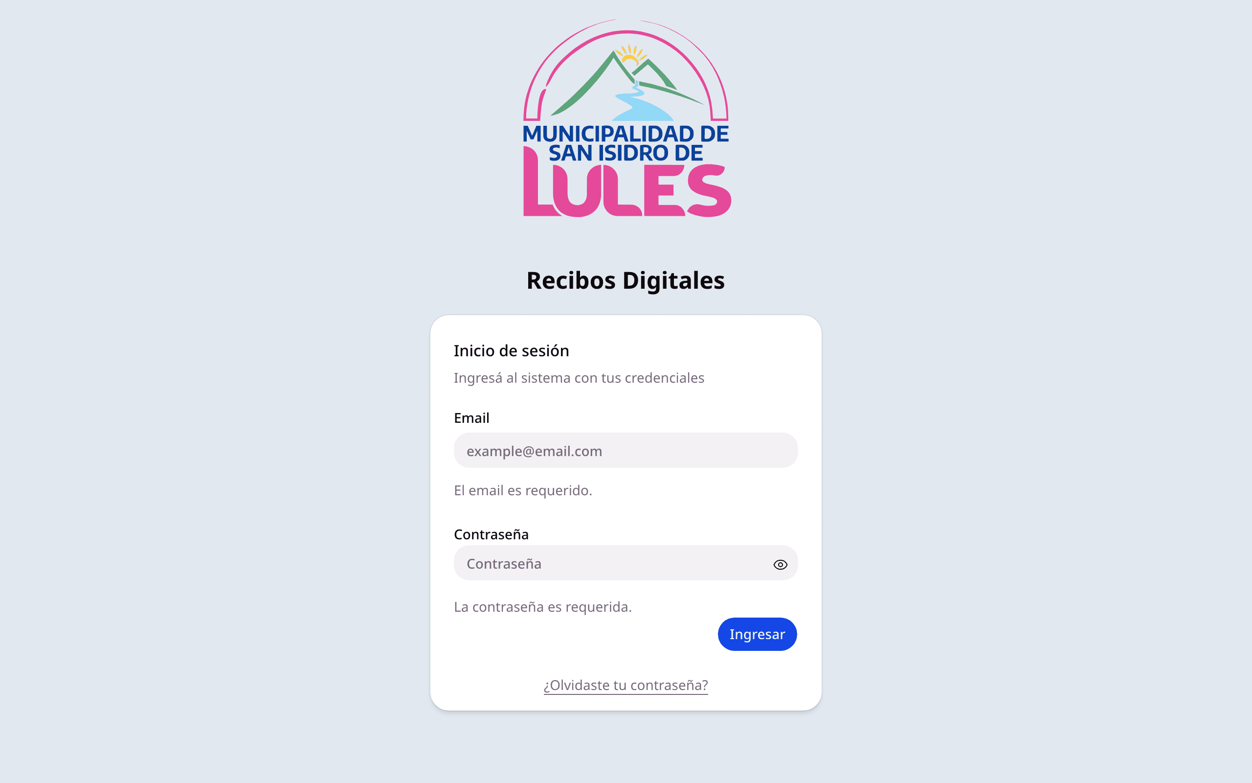 Pantalla de inicio de sesión del sistema, con los campos de email y contraseña vacíos