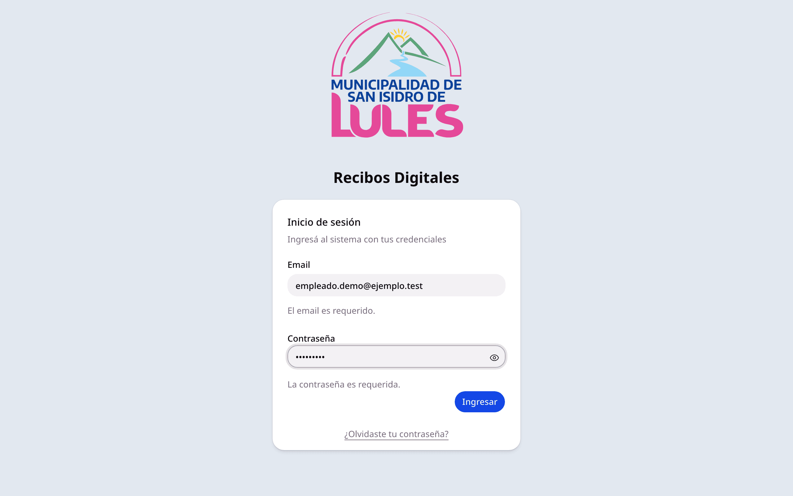 Formulario de inicio de sesión con el correo electrónico y la contraseña completados
